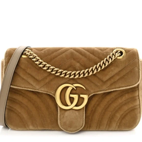Gucci Marmont Medium tan Velvet Quilted tan Velvet Matelasse Gold GG Bag - Picture 1 of 4